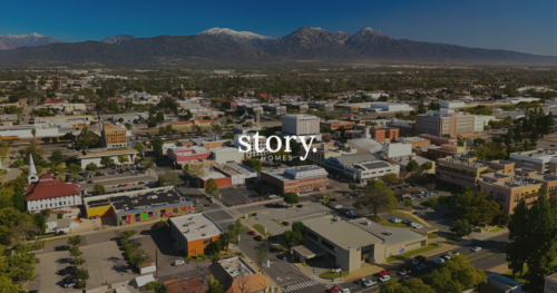 An aerial high-angle view of downtown Pomona