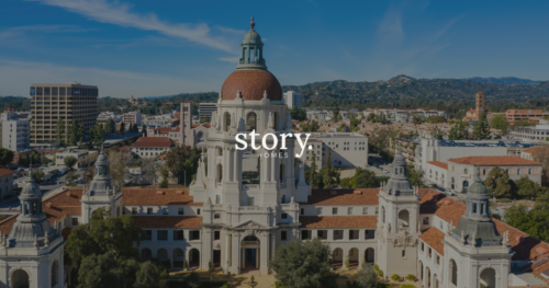 An elevated, high-angle view of the historic Pasadena City Hall