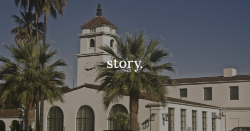 Spanish-style white clock tower in Downtown Fullerton