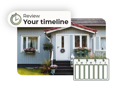Modern home exterior with icons representing reviewing your timeline and scheduling a home sale process.