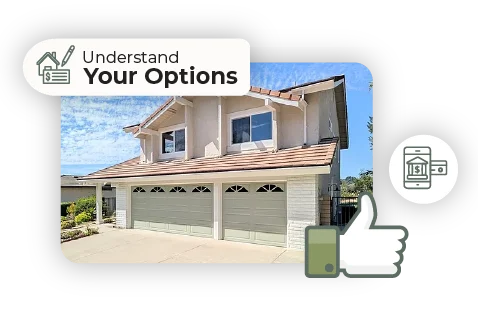 Two-story suburban home with graphics representing understanding home selling options and digital cash offer solutions.