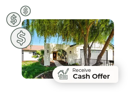 Single-story home exterior with graphics representing receiving a cash offer for a house sale.