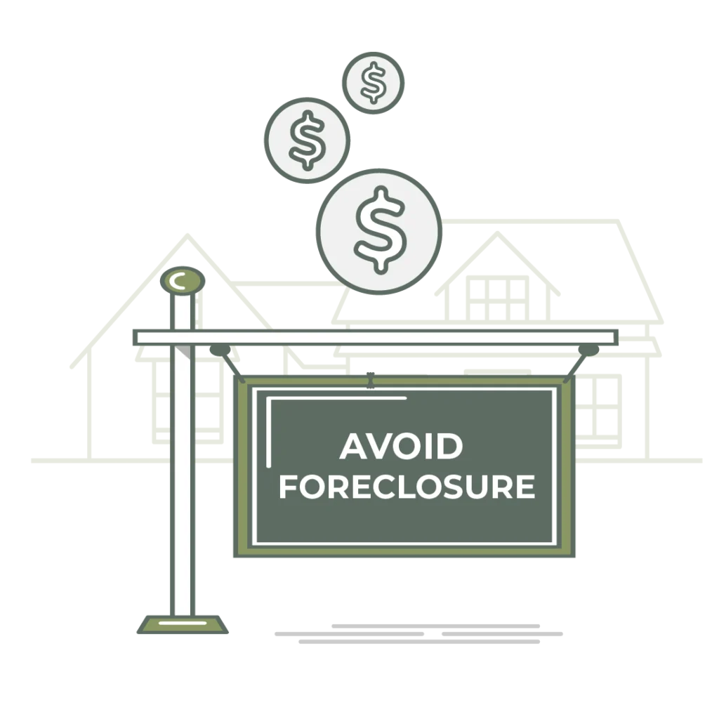 Story Homes illustrative asset of a house with a sign that reads "Avoid foreclosure"