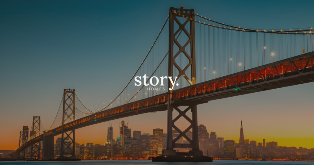 San Francisco Bay Bridge and city skyline at sunset