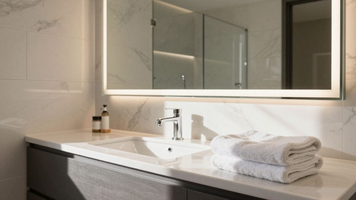 Modern bathroom interior with vanity and mirror.